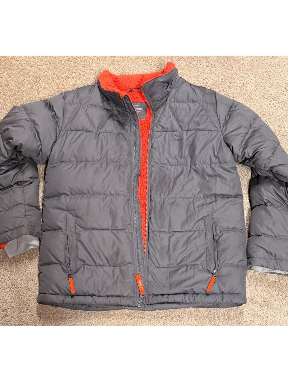 L.L.Bean Kids Gray Puffer Jacket Orange Sherpa L 14–16